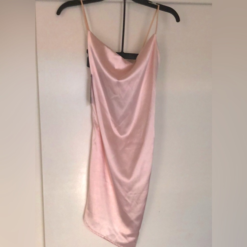 Pale Rose Satin Leaf Print Cowl Neck Mini Dress (Prettylittlething) Size 2 - Picture 4 of 9